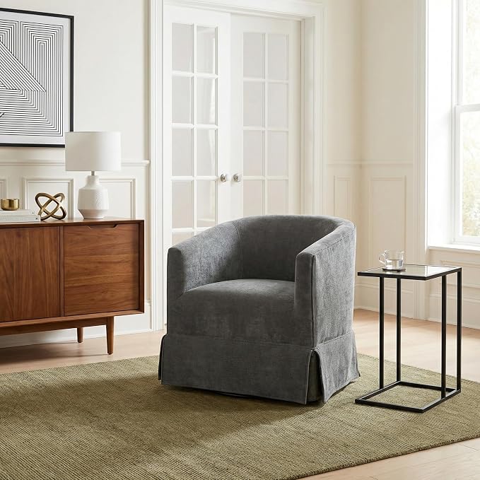 Swivel Accent Chair for Living Room, 360° Upholstered Barrel Swivel Chairs with Skirted Base, Modern Linen Armchairs for Bedroom, Reading Nook, Small Space, Grey
