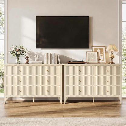 RoyalCraft Beige 6 Drawer Dresser, Fluted Modern Wood Chest of Drawers, Long Dresser for Bedroom TV Stand Storage Cabinet for Living Room