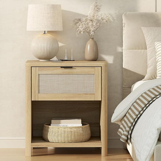 Boho Nightstand with Charging Station, Large Bedside Table with Drawer & Open Storage Shelf, Mid-Century Modern End Table Rattan-Look Drawer, Accent Side Table with Rounded Corners for Bedroom