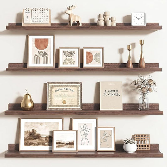 Axeman Picture Ledge Shelf | 40 Inch Floating Shelves Set of 4 | Walnut Wall Shelves with Lip | Walnut Picture Shelf for Wall with Ledge | Wood Photo Ledges for Living Room Bedroom
