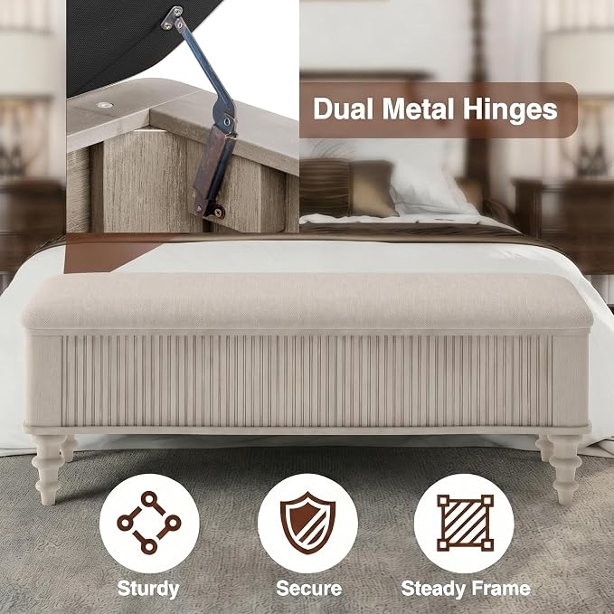 50.8-inch Multi-Functional Storage Ottoman Bench-Solid Rubberwood Bed End Bench with Linen Seat, Storage Bench for Bedroom, Entryway Shoe Organizer for Bedroom, Living Room, Entryway, Closet (Beige)
