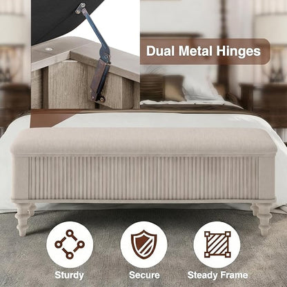 50.8-inch Multi-Functional Storage Ottoman Bench-Solid Rubberwood Bed End Bench with Linen Seat, Storage Bench for Bedroom, Entryway Shoe Organizer for Bedroom, Living Room, Entryway, Closet (Beige)