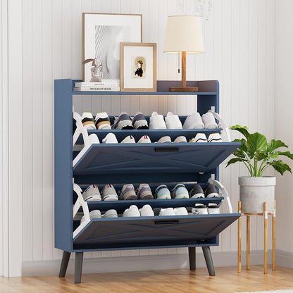 Homleke Farmhouse Shoe Storage Cabinet with Flip Drawers & Barn Door Design | Slim Narrow Shoe Rack Cabinet with Adjustable Shelves & Hidden Storage for Entryway, Foyer, Hallway, Living Room, Blue