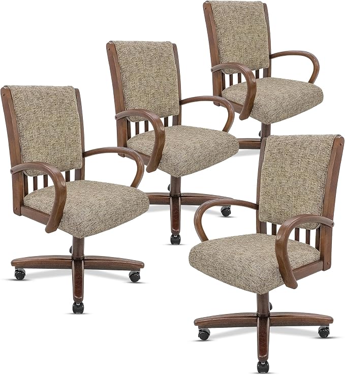 Chromcraft Set of 4 Swivel-Tilt Dining Chairs with Casters, Upholstered Kitchen Chairs with Wooden Arms & Metal Pedestal Base, Premium Foam Comfort, Noriko Earth-Walnut