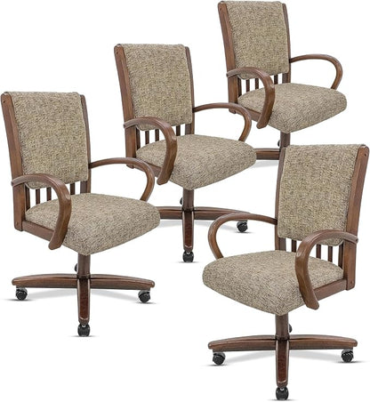 Chromcraft Set of 4 Swivel-Tilt Dining Chairs with Casters, Upholstered Kitchen Chairs with Wooden Arms & Metal Pedestal Base, Premium Foam Comfort, Noriko Earth-Walnut