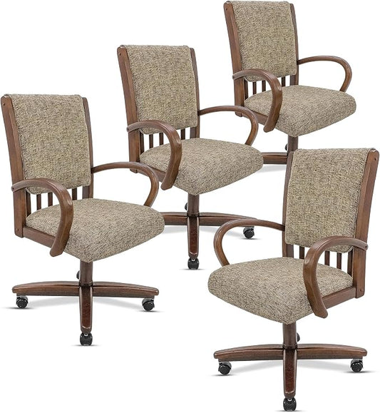 Chromcraft Set of 4 Swivel-Tilt Dining Chairs with Casters, Upholstered Kitchen Chairs with Wooden Arms & Metal Pedestal Base, Premium Foam Comfort, Noriko Earth-Walnut