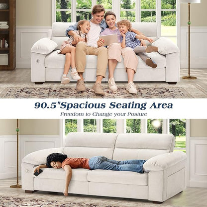 WorthFurni Sofas for Living Room, Chenille Pillow-Armrest Loveseat Couch Set, Small Sofa, 3 Seater Sofa, USB Charging, Removable Sofa Cover, Solid Wood Frame, Easy to Install (90.5 inch, Beige)