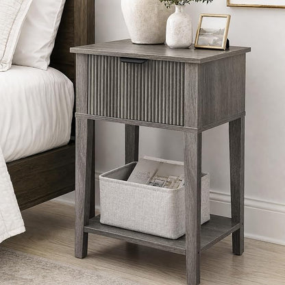 Weathered Gray 15" Wide Small Nightstand, Drawer, Open Shelf, Fluted | Weathered gray tone, ribbed fluted front, 11.8-inch slim depth, concealed storage, cool fit for sofa side or chair side