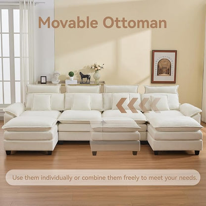 134'' Cloud Modern 4 Seater Couch with Detachable Headrest, Modular Sectional Sofa with 2 Ottoman, Oversized U Shape Chenille Comfy Sofa with Armrests for Living Room, Beige