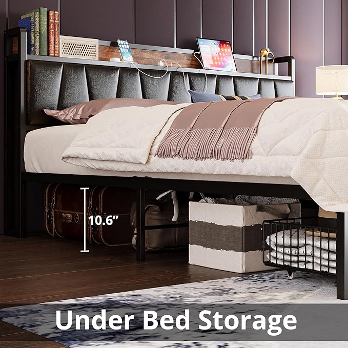 LIKIMIO King Size Bed Frame with 2 Drawers and Charging Station | Platform Bed with Upholstered Storage Headboard, No Box Spring Needed, Easy Assembly, Sturdy, Vintage Brown and Black