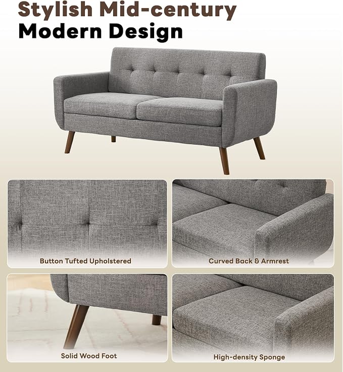 Tbfit 65" W Loveseat Sofa with Ottoman Coffee Table, Mid Century Modern Love Seat Couches for Living Room, Button Tufted Upholstered Small Couch for Bedroom,Easy to Install Love Seats Furniture, Gray | linen fabric