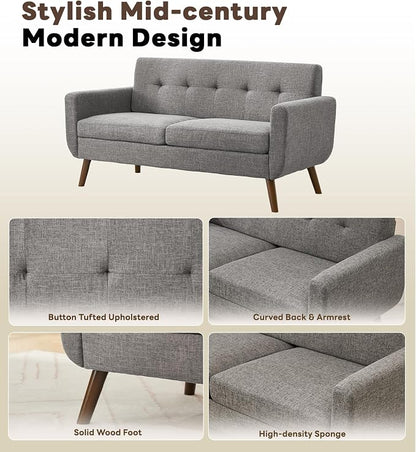 Tbfit 65" W Loveseat Sofa with Ottoman Coffee Table, Mid Century Modern Love Seat Couches for Living Room, Button Tufted Upholstered Small Couch for Bedroom,Easy to Install Love Seats Furniture, Gray | linen fabric
