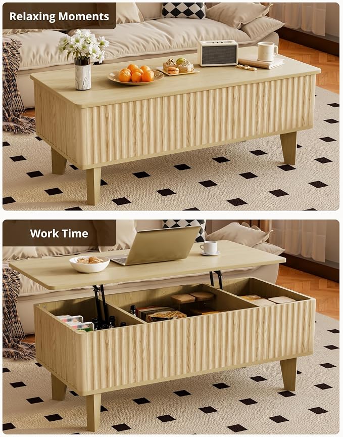 Rectangular Coffee Table with Lifting Top, Mid Century Modern Living Room Center Table, Wood Fluted Coffee Table for Home Office, Oak