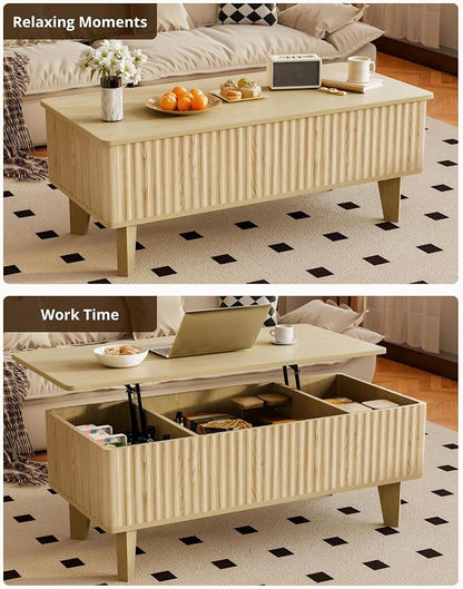 Rectangular Coffee Table with Lifting Top, Mid Century Modern Living Room Center Table, Wood Fluted Coffee Table for Home Office, Oak