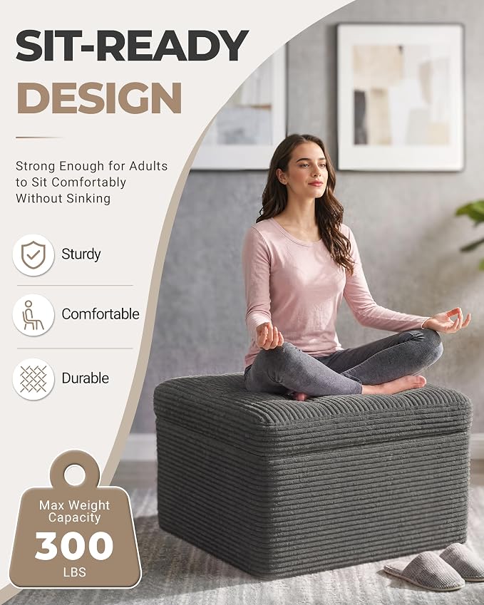23.6in Pouf Ottoman, Corduroy Ottoman Foot Rest with Dual‑Layer Support, Large Plush Pouf with Soft Chunk‑Foam Top & Firm Foam Base, Floor Foot Stool for Living Room, Dark Grey