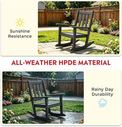 Costaelm Paradise Kids 3-Piece Outdoor HDPE Plastic Square Side Table and Rocking Chairs Set, Gray