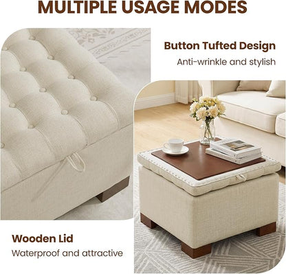 24 Inch Square Storage Ottoman Coffee Table, Modern Tufted Upholstered Ottoman with Flip Tray and Solid Wood Legs, Suitable for Living Rooms, Linen Khaki