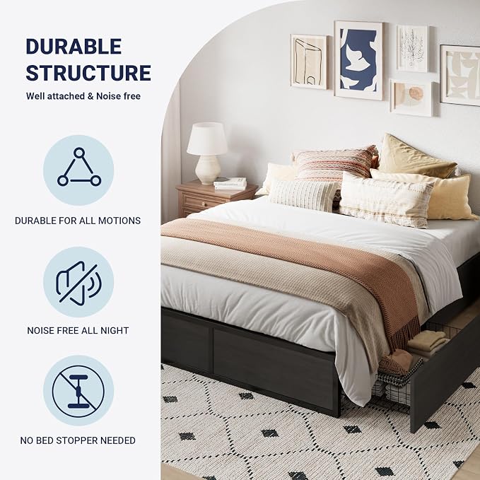 Allewie Full Size Metal Bed Frame with 2 Storage Drawers, Heavy-Duty Steel Frame with MDF Wood Panels, Flexible Drawer Placement, Easy Assembly, Noise-Free Support, Black