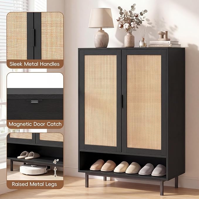 LOKO Shoe Storage Cabinet with 2 Doors, 6-Tier Rattan Shoe Organizer with Adjustable Shelves & Open Compartment, Freestanding Hidden Shoe Cabinet for Entryway, Closet & Living Room (Black)