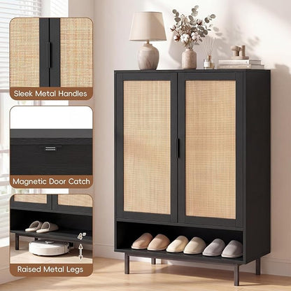 LOKO Shoe Storage Cabinet with 2 Doors, 6-Tier Rattan Shoe Organizer with Adjustable Shelves & Open Compartment, Freestanding Hidden Shoe Cabinet for Entryway, Closet & Living Room (Black)