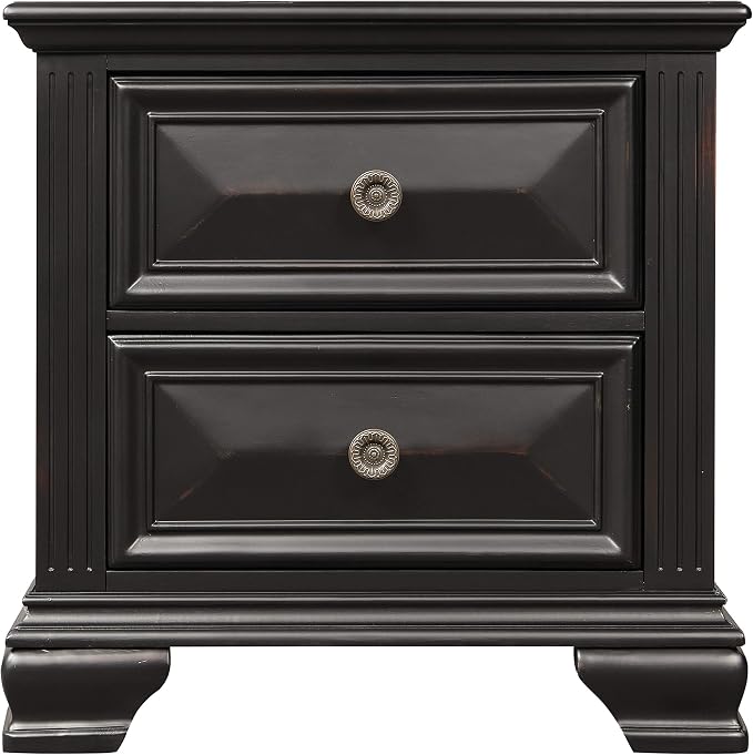Roundhill Furniture Renova Vintage Black Wood Bedroom Set, Queen Panel Bed, Dresser, Mirror, Two Nightstands