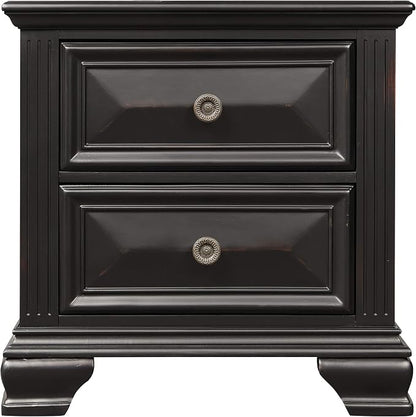 Roundhill Furniture Renova Vintage Black Wood Bedroom Set, Queen Panel Bed, Dresser, Mirror, Two Nightstands