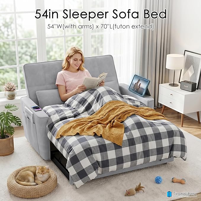 54'' Sleeper Sofa Bed, Convertible Pull Out Couch Futon for for Living Room,Apartment (Ashgrey, Loveseat) Side Pockets, Velvet Fabric, Adjustable Backrest, Pull-Out Bed, Easy Assembly
