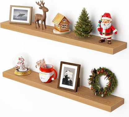 Heimlove 36 Inch Floating Shelves for Wall,Mounted Storage & Display Wood Shelves with Invisible Brackets,Hanging Shelf for Bedroom Living Room Kitchen Office,Set of 2,Oak Color