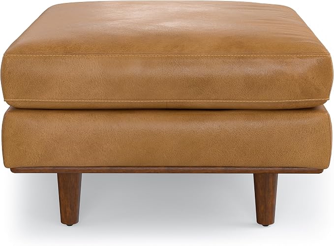 SIMPLIHOME Morrison 33 inch Wide Ottoman in Sienna Genuine Leather, Multifunctional Footrest, Coffee Table, and Extra Seating for Living Room, Mid-Century Modern Style