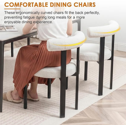 Boucle Dining Chairs Set of 2, Mid Century Modern Dining Room Chairs with Curved Backrest and Black Metal Legs, Upholstered Round Dining Accent Chairs for Kitchen, Living Room, Bedroom (Beige)