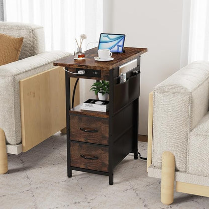 Yenlure Small Side Table with Charging Station, Narrow Nightstand Bedside Tables with Storage Pocket for Living Room Bedroom, Sofa End Table with USB Ports and Power Outlets for Small Spaces