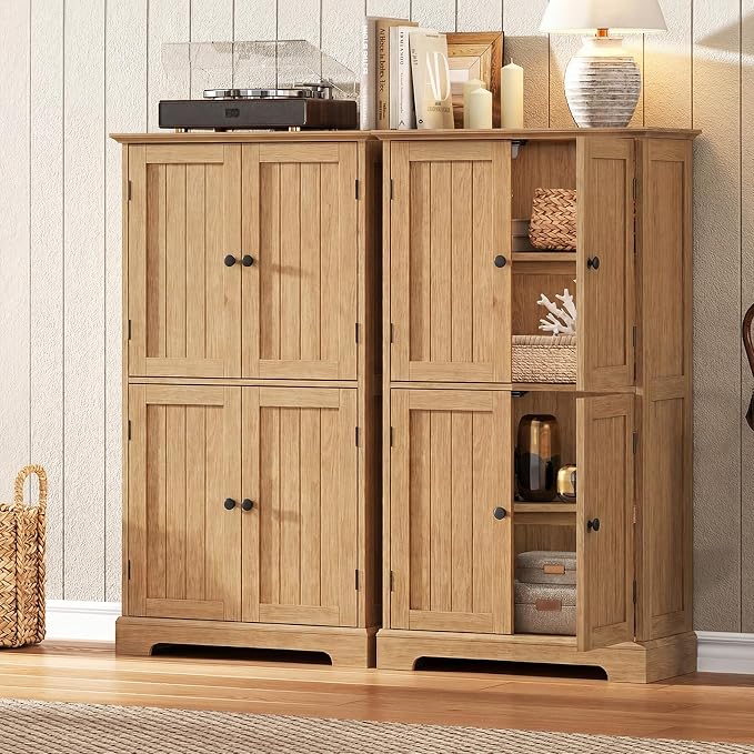 ChooChoo Bathroom Floor Cabinet, Modern Bathroom Storage Cabinet with 4 Doors and Adjustable Shelves, Freestanding Cupboard for Living Room, Natural