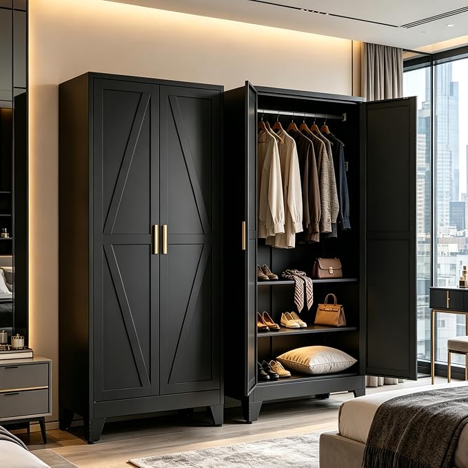71" H Black Closet,Armoire Wardrobe Closet,Metal Wardrobe Closet with Doors and Shelves,Large Wardrobe Closet for Bedroom