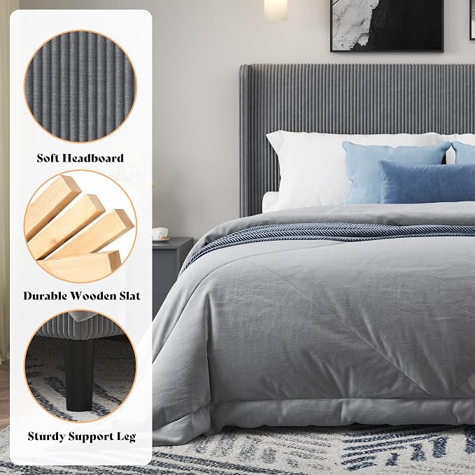 AMERLIFE King Bed Frame, Upholstered Platform Bed with Corduroy Headboard, Easy Assembly Modern Grey Bed Frame with Wooden Slats Support, No Box Spring Needed