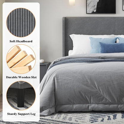 AMERLIFE Queen Bed Frame, Upholstered Platform Bed with Corduroy Headboard, Easy Assembly Modern Grey Bed Frame with Wooden Slats Support, No Box Spring Needed
