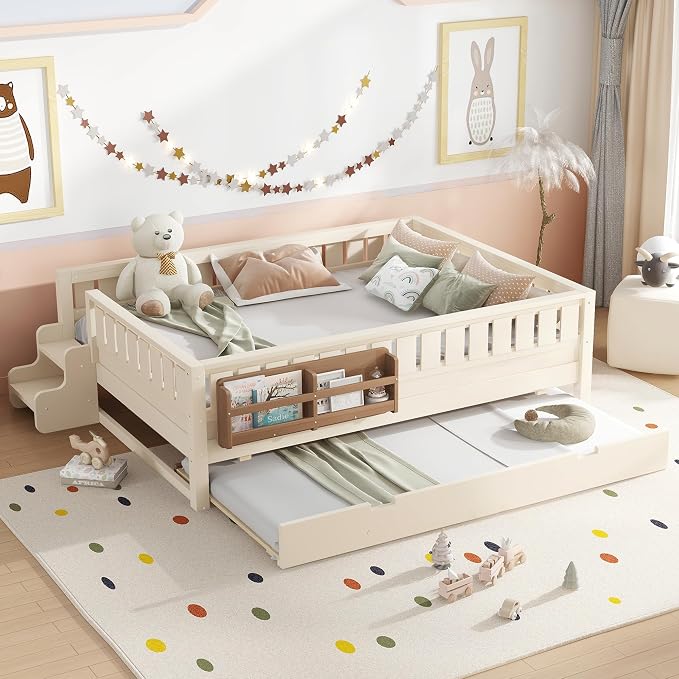 Bellemave Queen Kids Montessori Bed with Stairs, Bookshelf and Trundle, Solid Wood Kids Bed Frame with Storage for Boys Girls, Low Profile,Beige