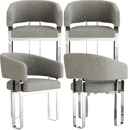 Dining Chairs Set of 4, Boucle Barrel Dining Room Chairs, Grey Armchair with Curved Backrest and Mirrored Chrome Stainless Steel U-Shaped Legs