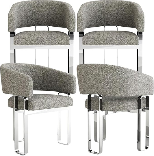 Dining Chairs Set of 4, Boucle Barrel Dining Room Chairs, Grey Armchair with Curved Backrest and Mirrored Chrome Stainless Steel U-Shaped Legs