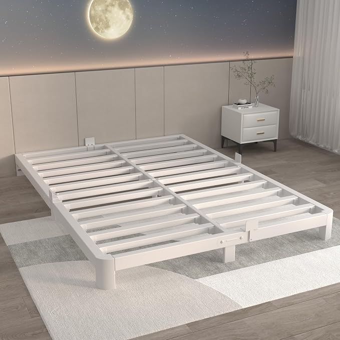 ITIMIDI 4 Inch White Queen Bed Frame, Metal Platform Bed Frames with Metal Gaskets, Heavy Duty Steel Support 3500 LBS, No Box Spring Needed, Anti-Slip Mattress Stopper, Easy Assembly