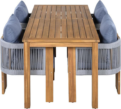 Quarte Luxury 4-Person Outdoor Dining Set: Solid Acacia Wood Table with Rope-Woven Chairs & Comfy Cushions for Patio, Garden, Poolside or Deck (Brown,Gray-R)