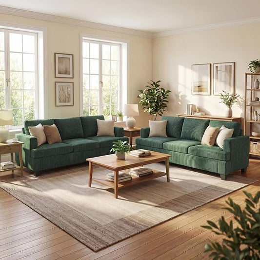 YOUDENOVA 2 Piece Set Comfy Sofa Couch, 3-Seater Sofa * 2 with Deep Seats, Modern Sleeper Couch for Living Room, Green Corduroy