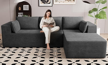 106" Cloud Sectional Boneless Couches for Living Room, Modular L Shaped Couch with Deep Seat Oversized Right Facing Chaise, Memory Foam Compressed Spineless 3 Seater Sofa for Apartment, Grey