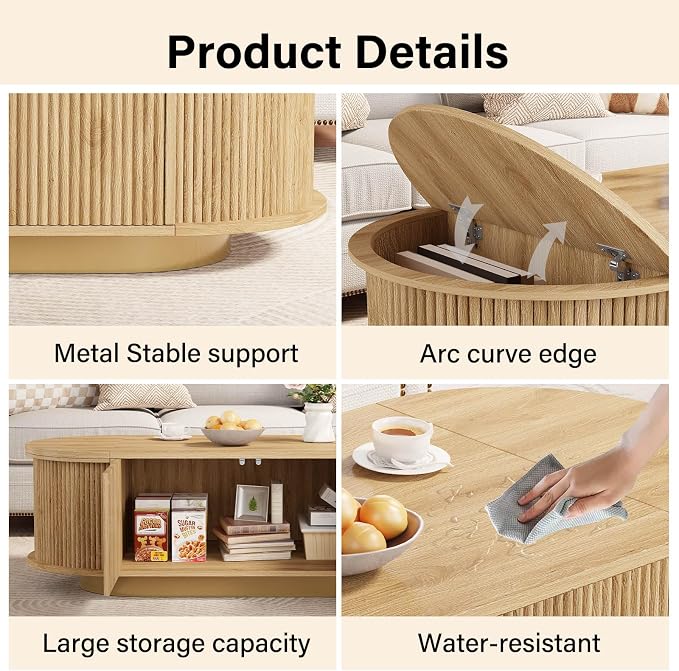 HSH 47" Oval Coffee Table with Storage, Oak Coffee Table for Living Room | Modern Center Table with Press Type Door, Fluted Living Room Tables with 2 Flip-Top Hidden Lids, Wood Table