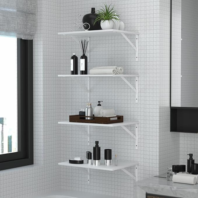 Deep Floating Wall Shelves - 4 Sets of 12 Inch Wide White Wood Shelves for Bathroom, Bedroom, Kitchen, Living Room