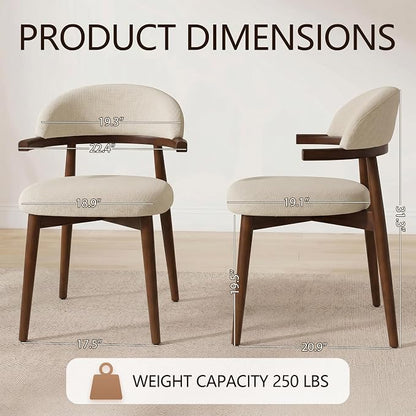 MOJAY Dining Chairs Set of 2 Walnut, Linen Beige with Curved Armrests