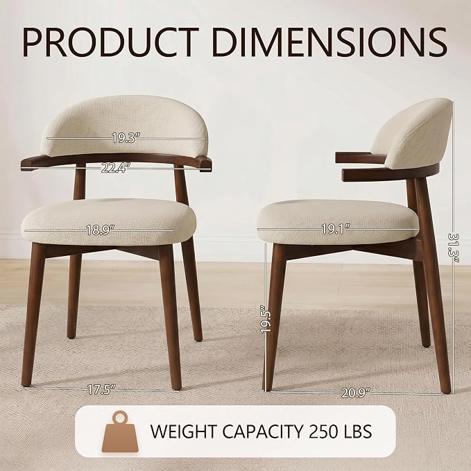 MOJAY Dining Chairs Set of 4 Walnut, Linen Beige with Curved Armrests