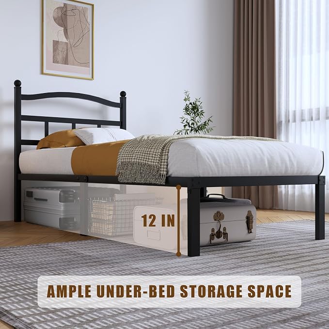 SHOANED Metal Bed Frame with Headboard - 14 Inch Twin XL Size Heavy Duty Bedframe Black Basic Steel Slats Platform No Box Spring Needed/Easy Assembly/Noise Free