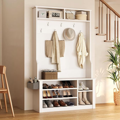 Aiho Hall Tree with Bench and Shoe Storage, 3-in-1 Entryway Hall Tree, with Adjustable Shoe Storage, for Entryway, Hallway, White