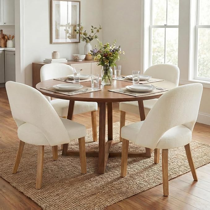Wooden Dining Chairs Set of 6, Upholstered Modern Chenille Dining Room Chair Kitchen Chairs, Comfy Farmhouse Dinner Chair for Kitchen Dining Room, Beige
