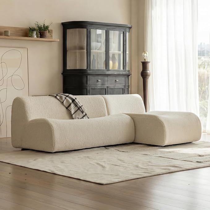 92" Curved Sectional Sofa with Chaise Set, Boneless 3-Seater Modular Couch, Reversible L-Shaped Couches with Deep Seat, Sherpa Sofas for Small Living Room, Bedroom, Apartment – No Assembly, White